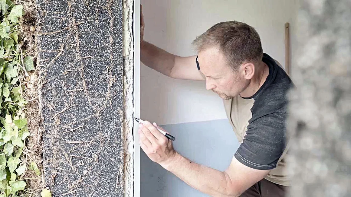 Person markiert Türrahmen mit Stift